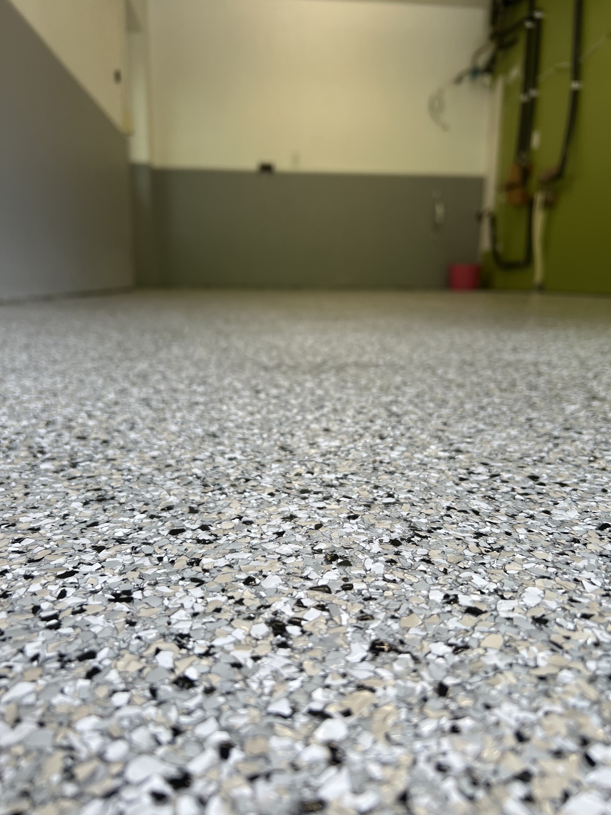 Close-up of a finished flake epoxy floor coating